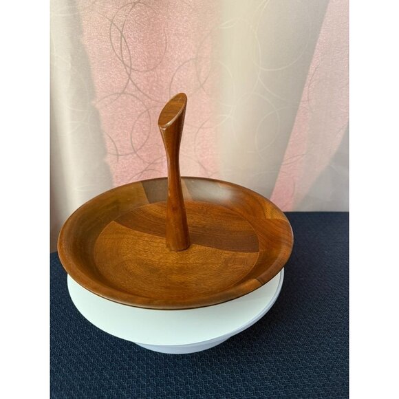 Vintage Mid Century Walnut Wood Middle Carry Handle Tray 8" - Picture 3 of 6